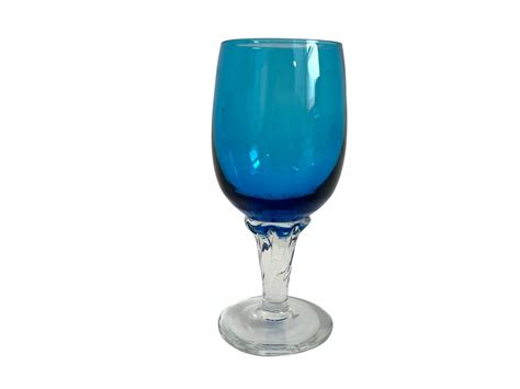 6 Vintage Blue W Twisted Clear Stem Cordial Wine Glasses Hand Blown Set Of Six Vintage Dark