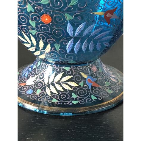 Victorian Moser Blue Glass Vase With Enameled Ferns And Flowers Chairish