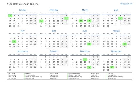 Calendar For 2024 With Holidays In Liberia Print And Download Calendar