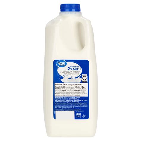 Great Value Milk 2 Reduced Fat Half Gallon 64 Fl Oz Jug