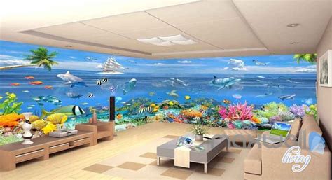 3d Ocean Underwater Colorful Fish Entire Room Wallpaper