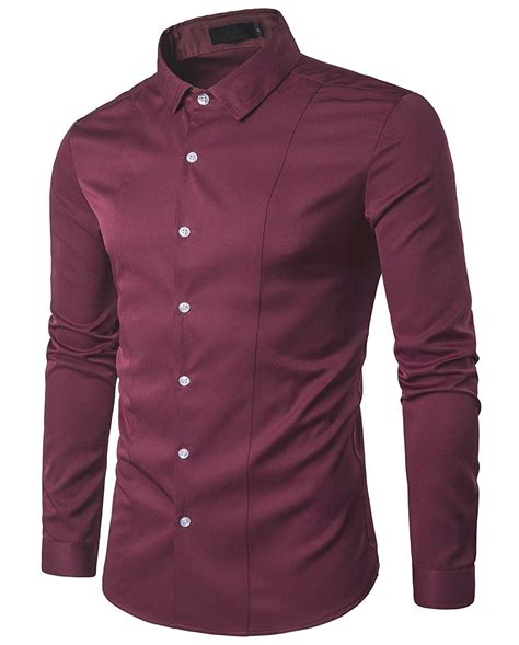 Casual Slim Fit Business Dress Shirt Solid Long Sleeve Shirt Burgundy