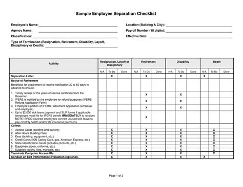 Example Employee Separation Checklist Template
