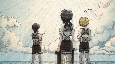 Attack On Titan Back View Armin Arlert Eren Yeager Mikasa Ackerman Standing On Beach With