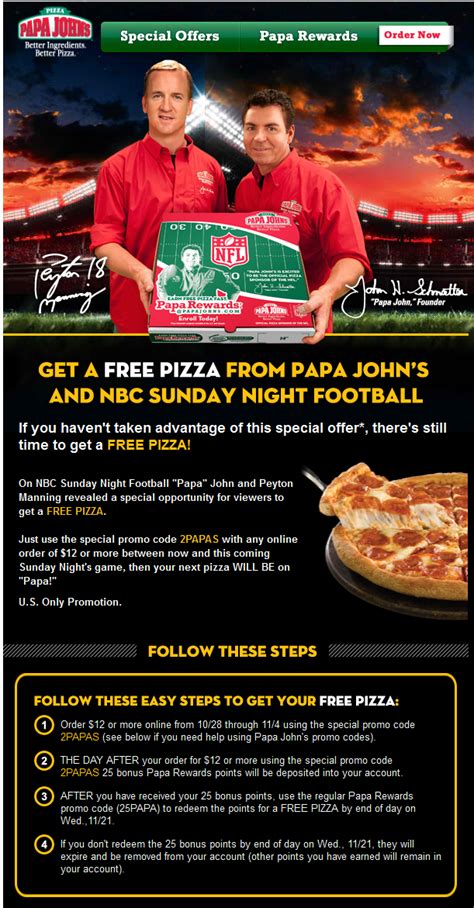 Followup Pizza Free At Papa Johns Via Online Promo 2papas Papa Johns Papa Johns Promo Codes