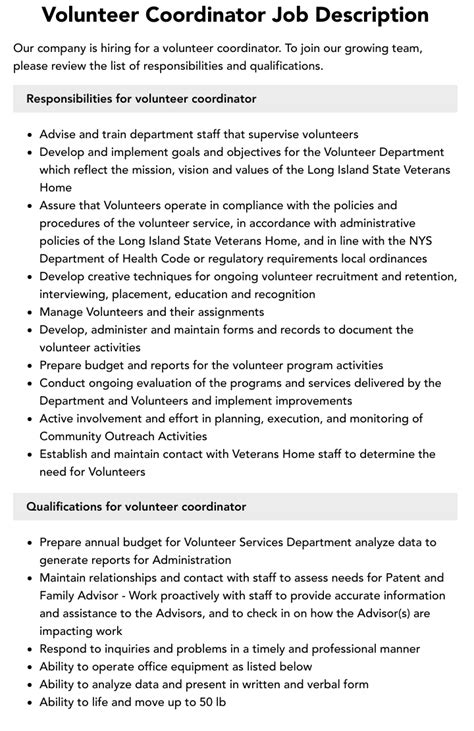 Volunteer Coordinator Job Description Velvet Jobs