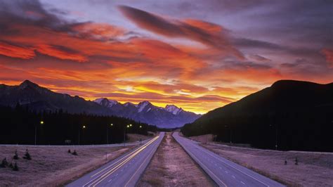 Highway To The Mountains At Sunset Hd Desktop Wallpaper Widescreen