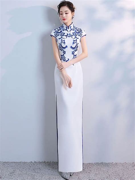 White Split Qipao Cheongsam Evening Dress With Blue Embroidery Cozyladywear Porcelain