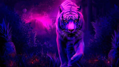 Purple Tiger Neon Black Background Hd Purple Wallpapers Hd Wallpapers
