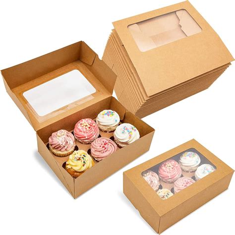 24 Pack Kraft Paper Cupcake Boxes With 6 Inserts Clear Window Display
