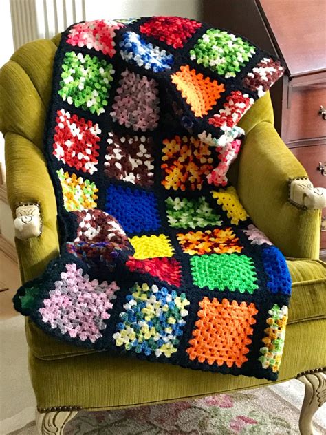 Colorful Black Crochet Wool Afghan Throw Granny Square Pattern 44 X