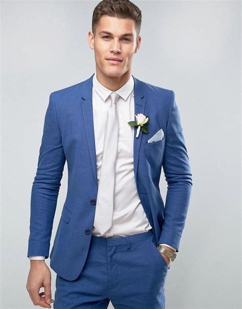 Asos Wedding Super Skinny Suit Jacket In Mid Blue Stretch Linen Cotton
