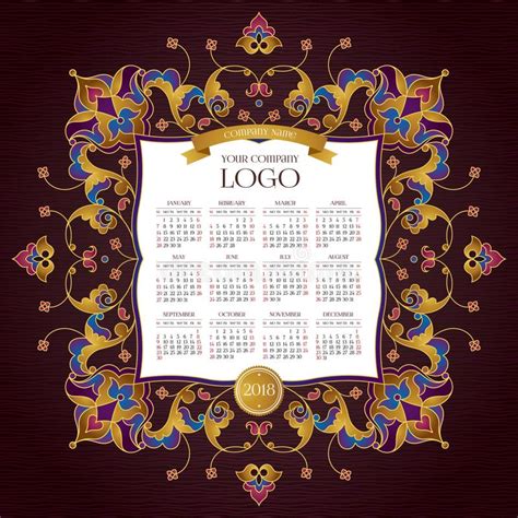 Vector Calendar For 2018 And Golden Decor Stock Illustration