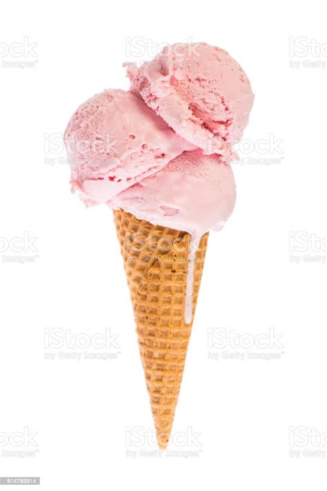 Ice Cream Ice Cream Cone With Three Scoops Of Strawberry Ice Cream Isolated On White Background