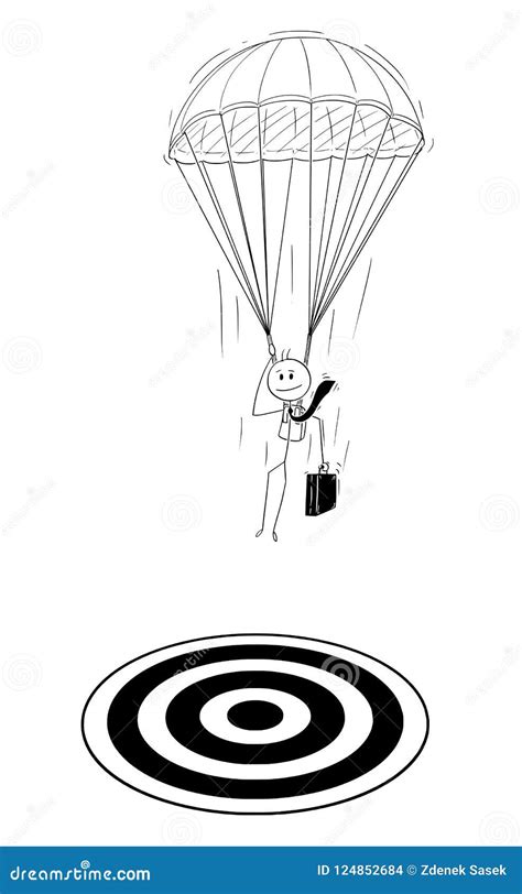 Cartoon Of Skydiver Businessman With Parachute Landing At Target Stock