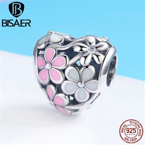 Bisaer Sterling Silver Pink Enamel Cherry Flower White Charms Flower Heart Beads Fit Silver