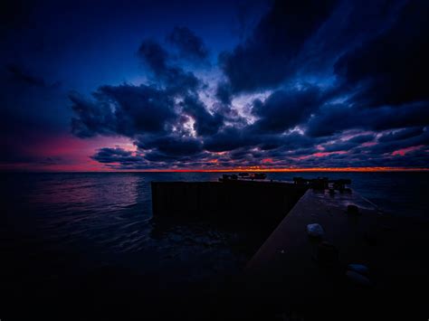 Wallpaper Pier Clouds Sunset Ocean Horizon Dark Hd Widescreen