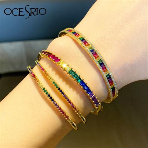 Ocesrio Gold Rainbow Bangles For Women Crystal Cuff Bracelets Rainbow Bangles Cz Cubic Zirconia