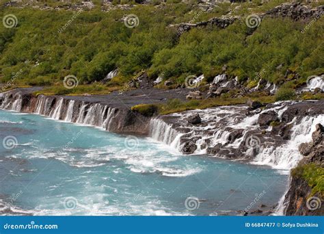 Hraunfossar Waterfall At Summer Iceland Stock Image Image Of Motion
