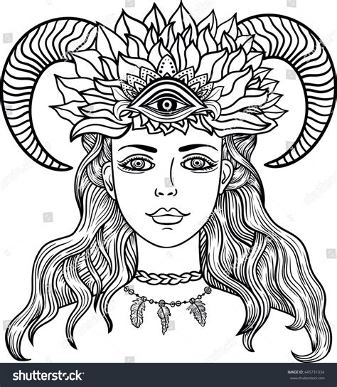 Hand Drawn Beautiful Artwork Of Female Shaman With Third Eye And Ram