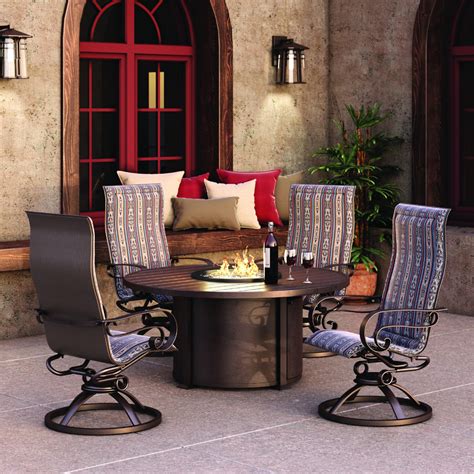 Perfect for winter sunshine and cool summer evenings you can dine intimately or like royalty with family and friends on our unique range of gas operated fire pit dining sets. Homecrest Emory Sling Swivel Rocker Dining Set with Fire ...