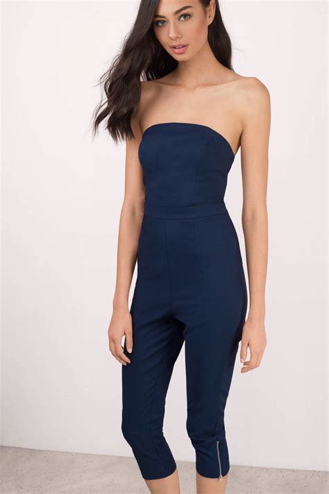 Navy Jumpsuit Slim Jumpsuit Strapless Jumpsuit Blue Jumpsuit