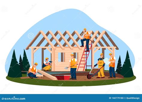 Builders Building House Cartoon Style Workers And Home Walling And