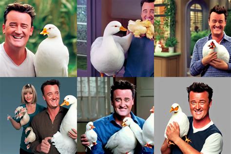 Chandler Bing Smiling Holding A White Chicken And A Stable Diffusion