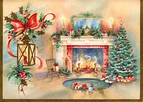 Vintage Christmas Card Fireplace Scene With Tree Vintage Christmas