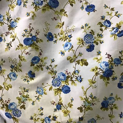 Floral Rose Blue On White Poly Cotton Fabric Ifabric