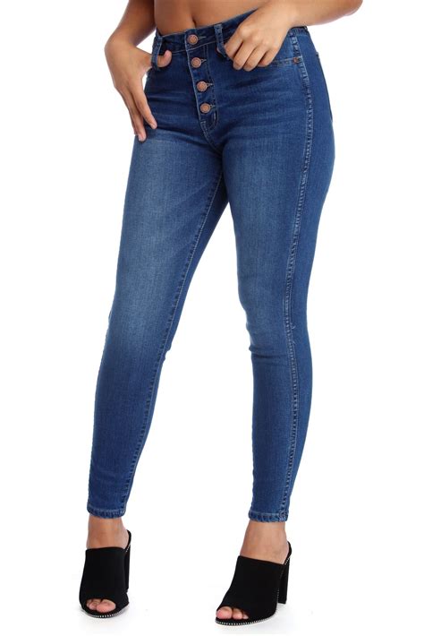 Blue Denim Button Down High Waist Skinny Jeans Women Jeans Denim
