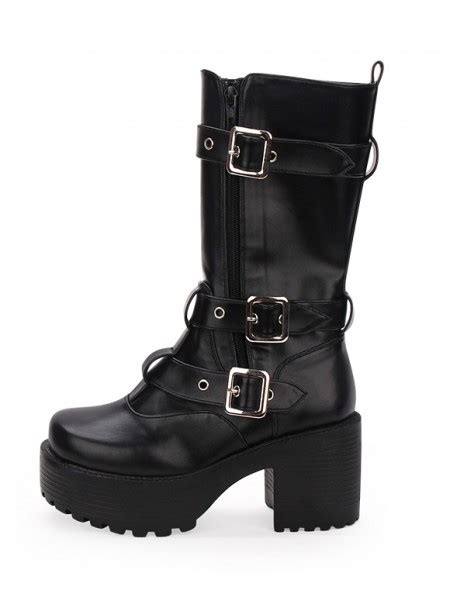 Black Gothic Buckle Belt Platform Boots For Women