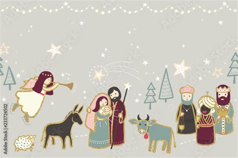 Christmas Nativity Scene Illustration Seamless Horizontal Border Stock