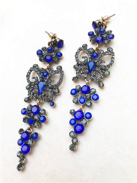 Royal Blue Crystal Earrings Victorian Drop Earrings Crystal Etsy