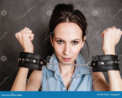 Arrest And Jail Criminal Woman Prisoner Girl In Handcuffs Stock