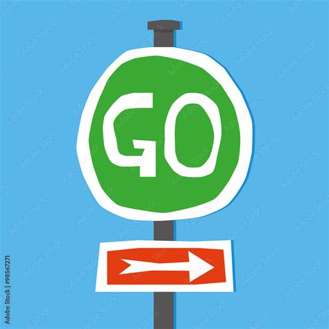 Green Go Traffic Sign And Direction Arrow On A Standing Pole In A Hand