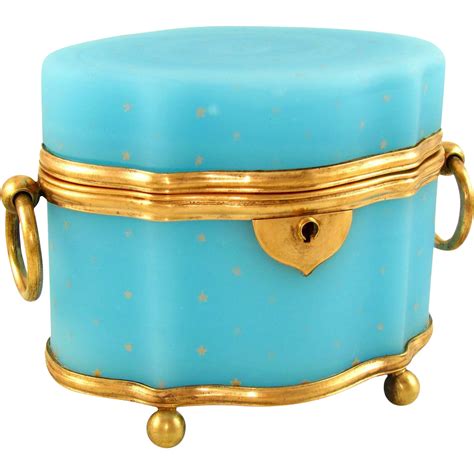 Antique French Blue Opaline Glass Serpentine Shaped Jewelry Box Kids