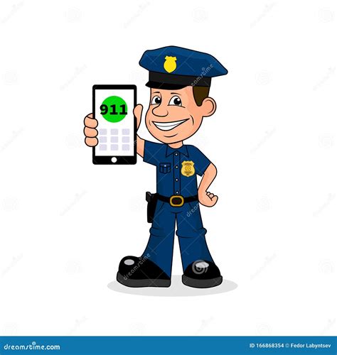 Cheerful Policeman With Phone In Hand Calling 911 Vector Illustration