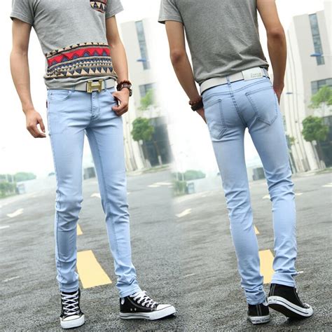 fashion men s skinny tight jeans man classic slim fit stretch jeans blue denim pencil pants mens