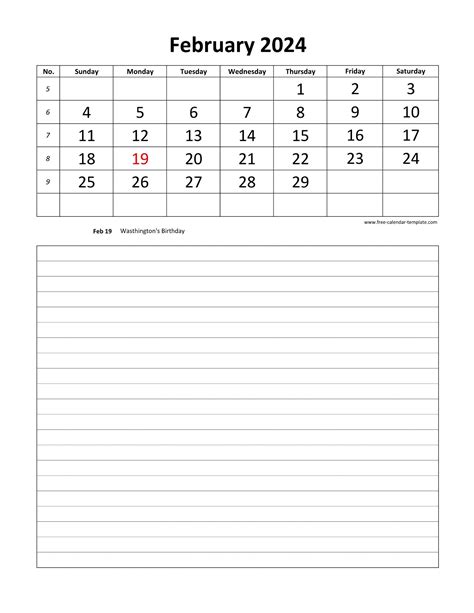 Printable 2024 February Calendar Grid Lines For Daily Notes Vertical