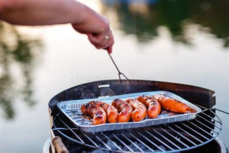 Grilled Sausage On The Flaming Grill Stock Photo Image Of Cook