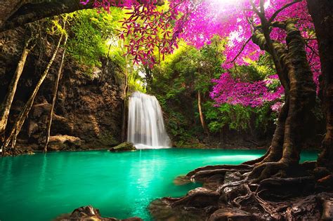 Waterfall In Autumn Forest At Erawan Waterfall National Park Thailand
