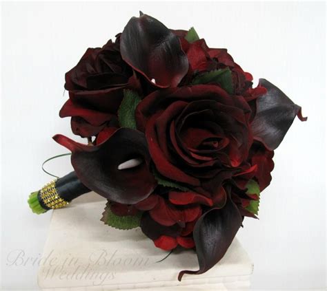 Silk Bride Bouquet Real Touch Majestic Red Calla Lily Black Baccara