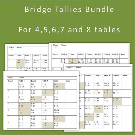 Progressive Bridge Tallies Bundle 4 5 6 7 And 8 Tables 16 20 24 28 And