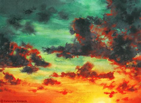 Vibrant Watercolor Painting Of The Colorful Sunset Sky Titled Sky No