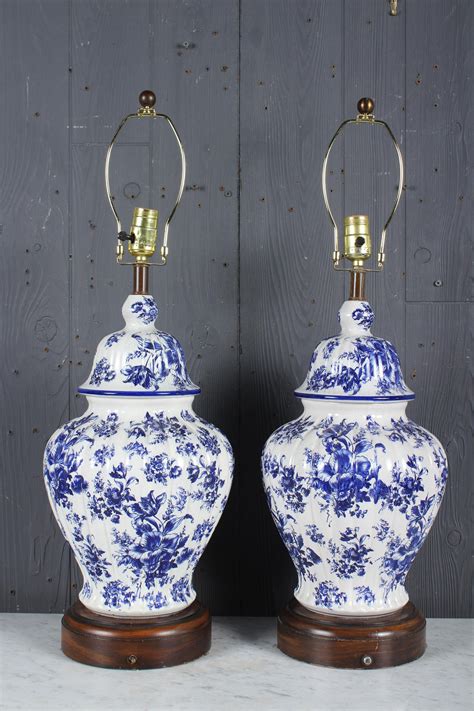 Lot 2 Asian Inspired Blue And White Ginger Jar Lamps