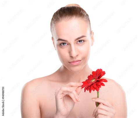 Woman Posing With Red Gerbera Isolated On White Background Stock Foto Adobe Stock