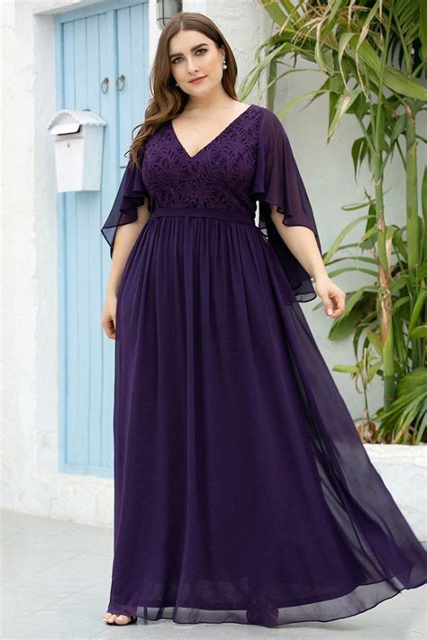 Dark Purple Vneck Plus Size Evening Dress With Lace 6848