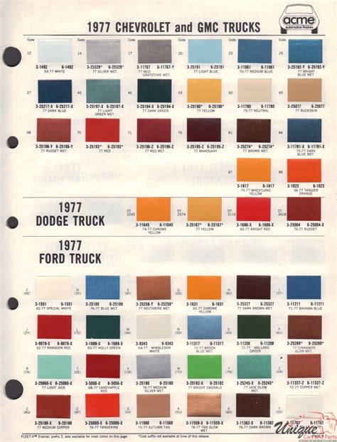 Gm Car Paint Color Chart
