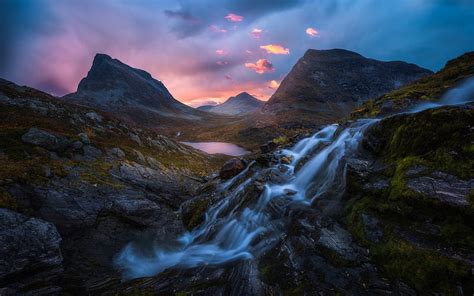 Mountain River Sunset Rocks Evening Romsdalen Norway Hd Wallpaper